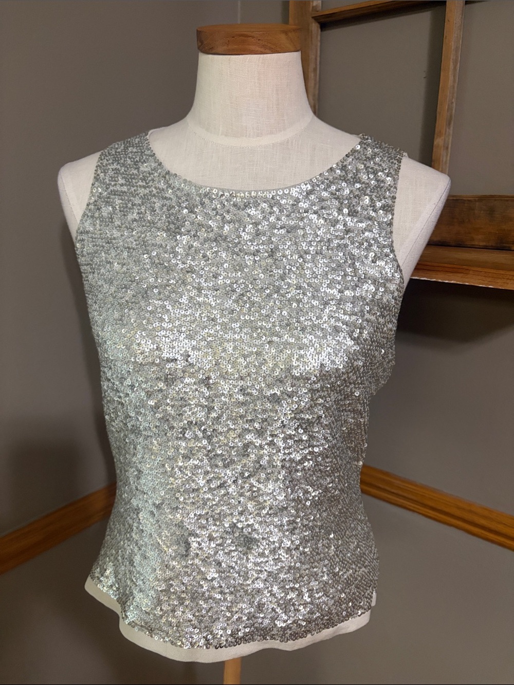 Etcetera Silver Sequin & silk Sleeveless Tank Top size medium